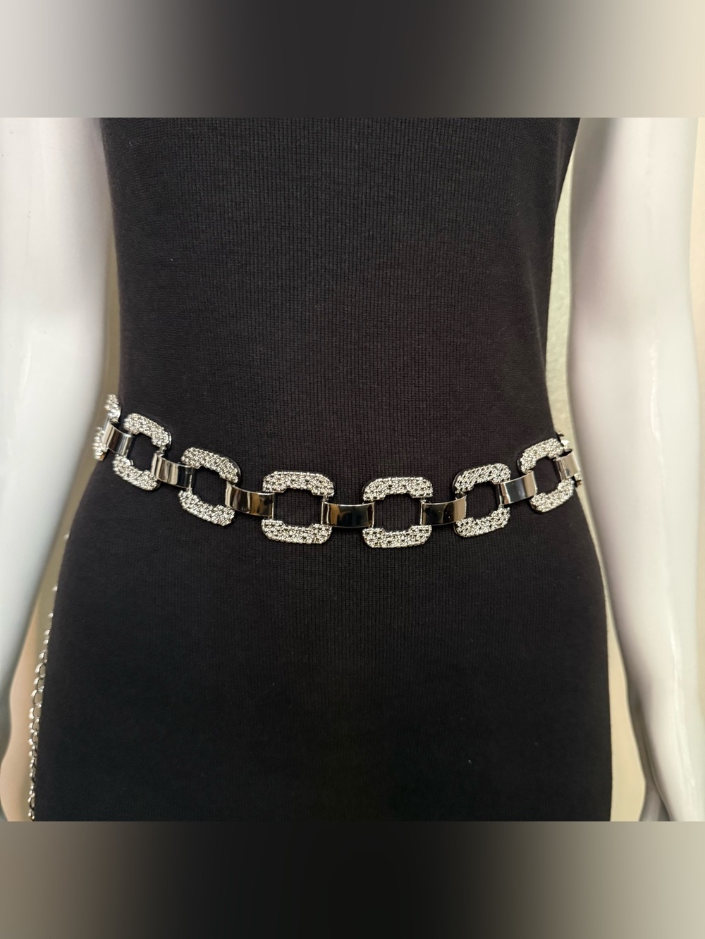 Silver tone chain belt with metal textured square links